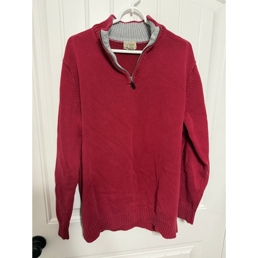 L.L. Bean Sweater Mens XL Tall Quarter Zip Cotton Red Solid Mock Neck EUC
